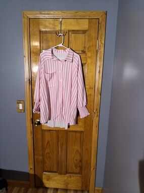 Pink and White Striped Button-Up Blouse